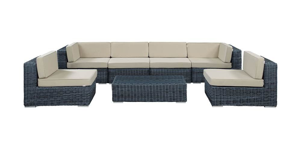 Lexmod 7 Piece Summon 2 Armless Outdoor Patio Sectional Set, Canvas Antique Beige