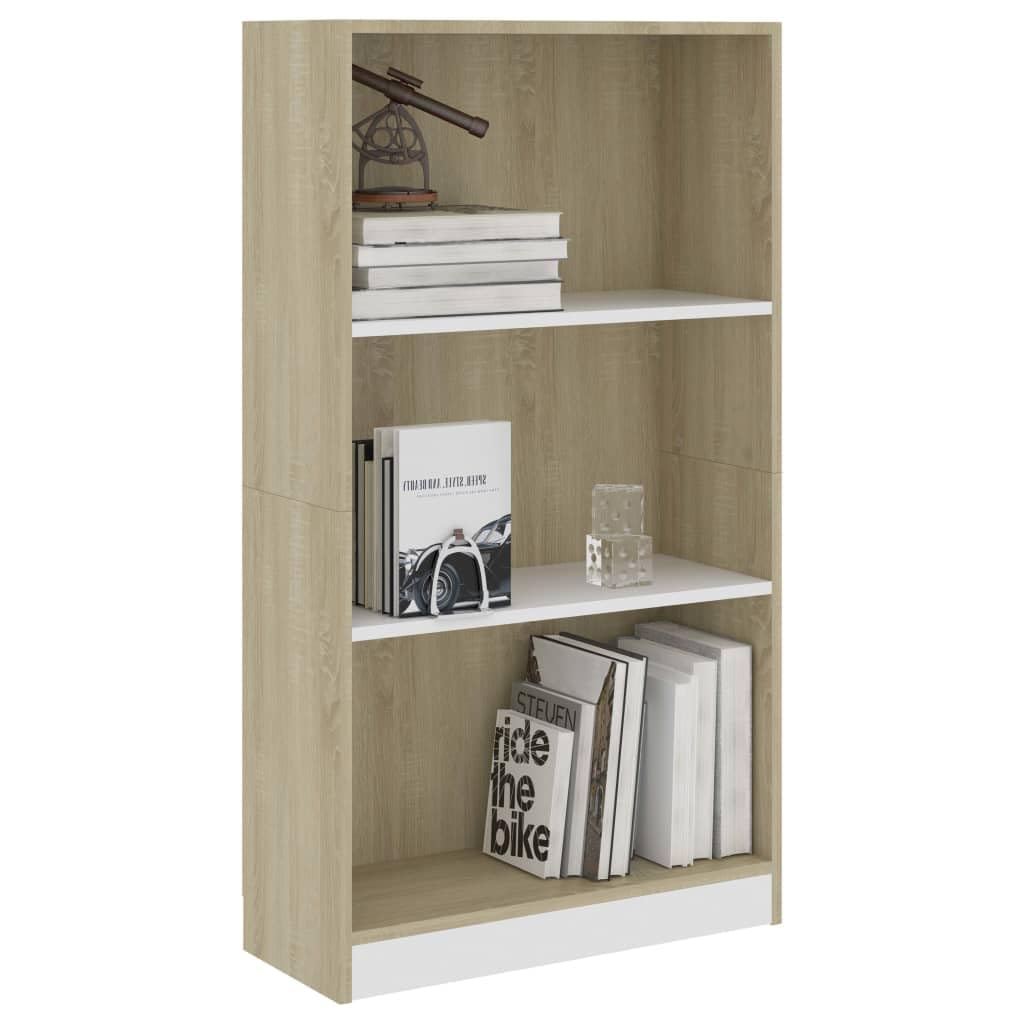 vidaXL Modern 3-Tier Book Cabinet - White & Sonoma Oak, 23.6&quot;x9.4&quot;x42.9&quot;, Sturdy Engineered Wood Bookshelf with Spacious Compartments