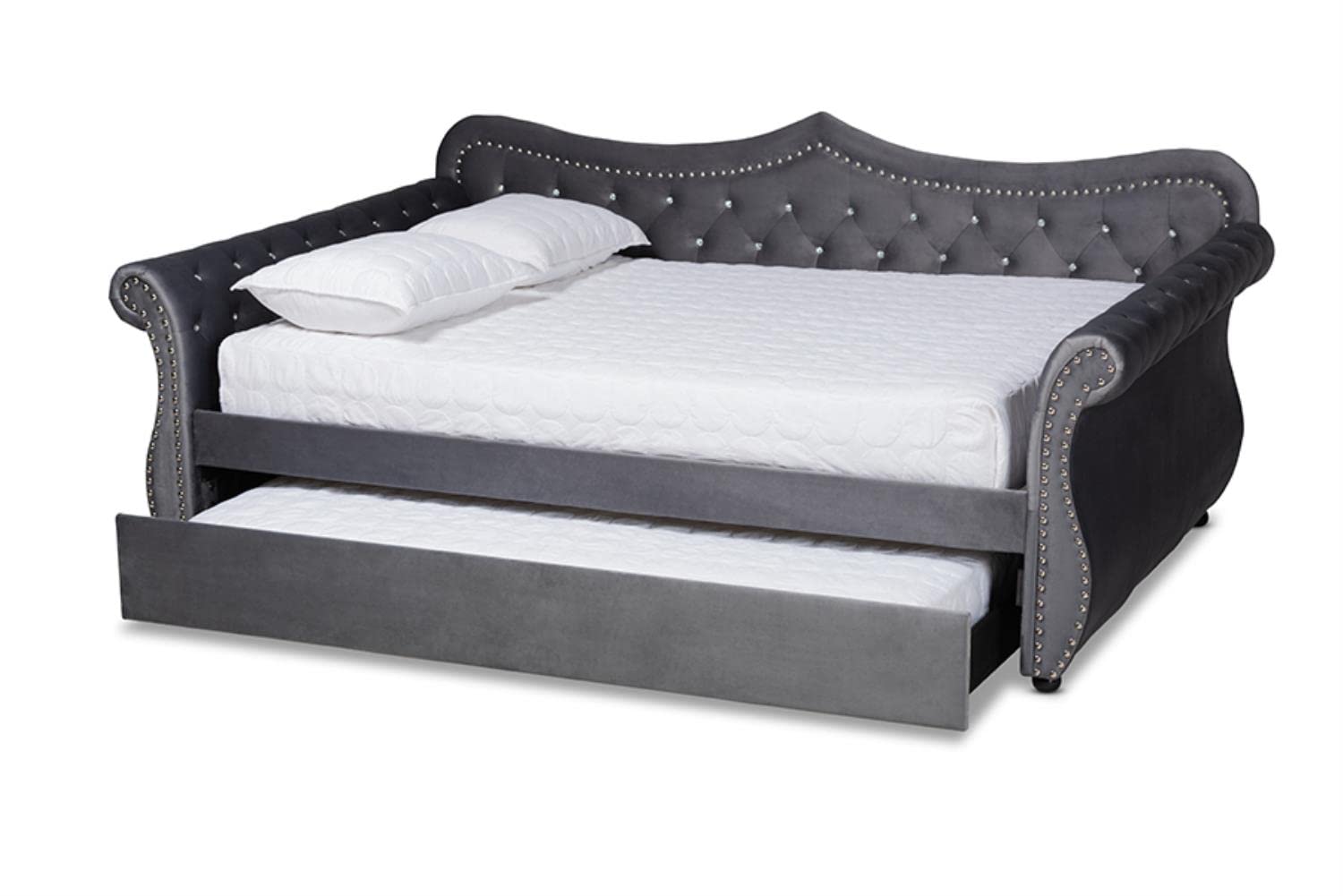 Baxton Studio Abbie Gray Velvet Crystal Tufted Full Wood Daybed with Trundle