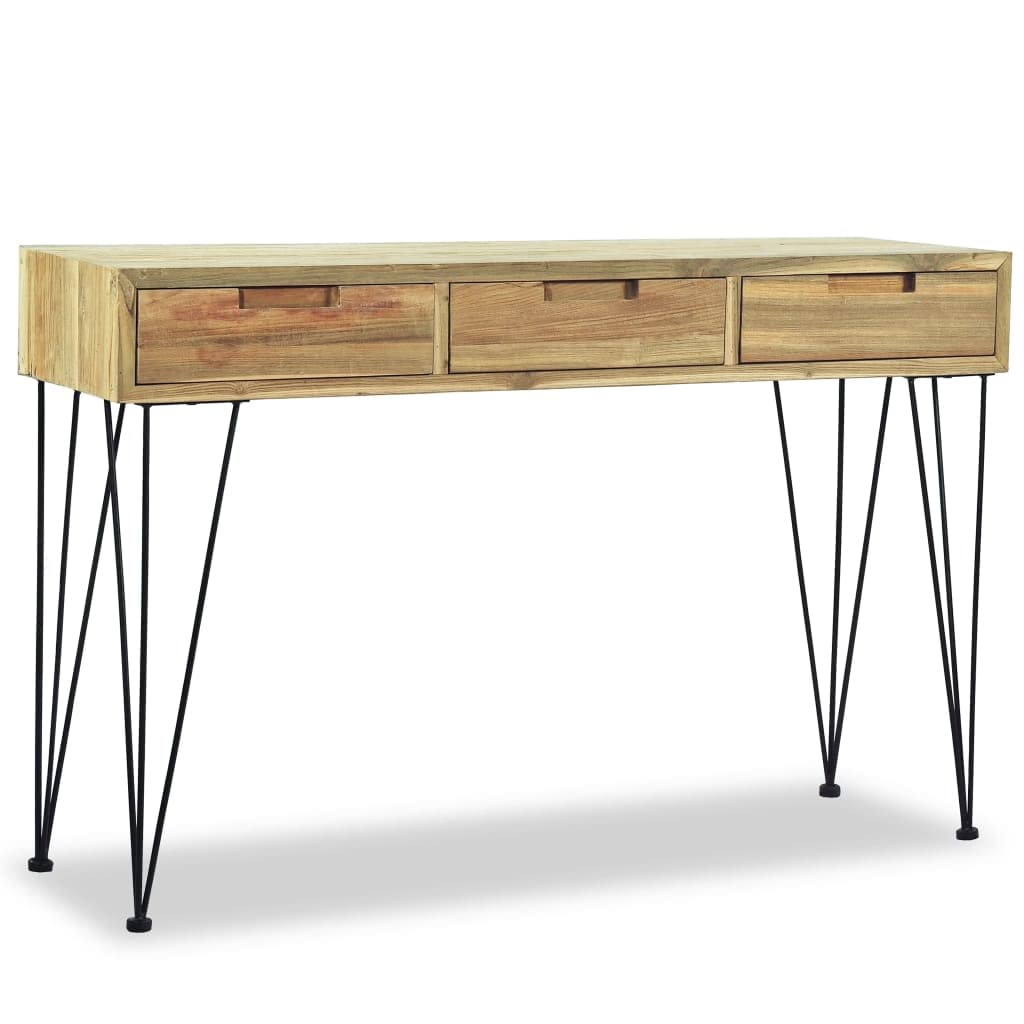 vidaXL Console Table 47.2"x13.8"x29.9", Recycled Solid Teak Console Table with 3 Drawers, Rectangular Table with Wrought Iron Legs, Easy Assembly, Brown