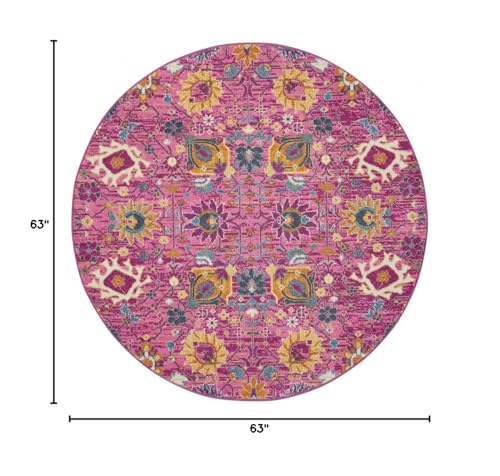 HomeRoots 100% Polypropylene 5’ Round Fuchsia and Orange Distressed Area Rug