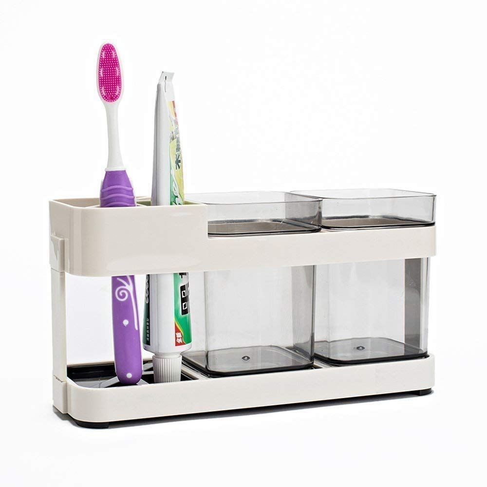Kienlix 2 Cup Toothbrush Toothpaste Stand Holder Storage Organizer  (Pack of 1,Plastic)