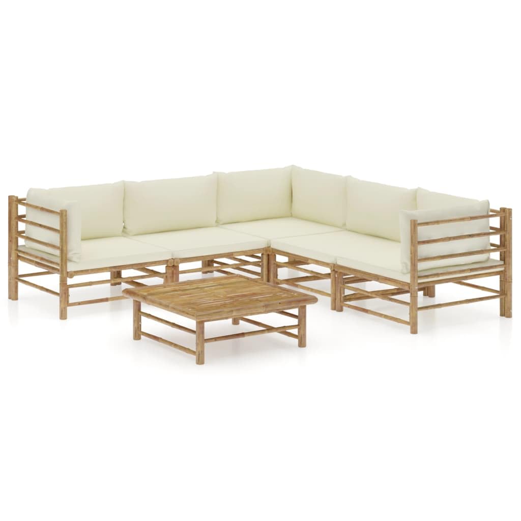 vidaXL 6-Piece Bamboo Patio Lounge Set - Scandinavian Style Eco-Friendly Outdoor Furniture - Cream White Cushions Included - Easy Assembly & Washable Cushion Covers