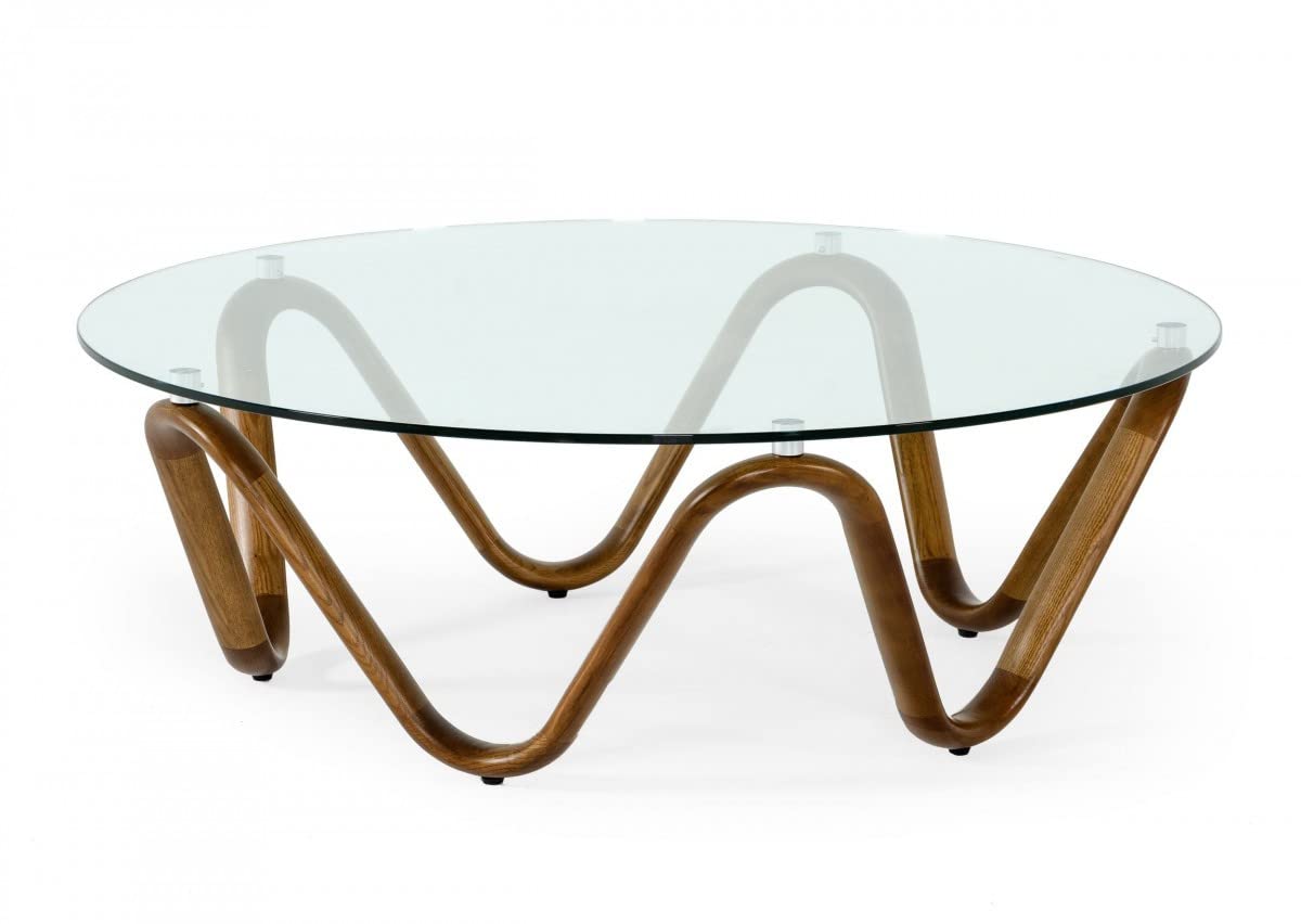 HomeRoots Clear, Walnut 45&quot; Walnut and Clear Glass Abstract Wood Round Coffee Table