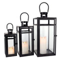 TRIROCKS Stainless Steel Lantern Set of 3 - Assorted Sizes (12/15/19 Inch) - Tall Metal Hanging Lanterns with Clear Glass Panels
