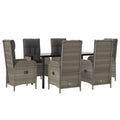 vidaXL Black and Gray Poly Rattan Patio Dining Set with Tempered Glass Table - 7 Piece, Reclining Chairs, Weather-Resistant for 