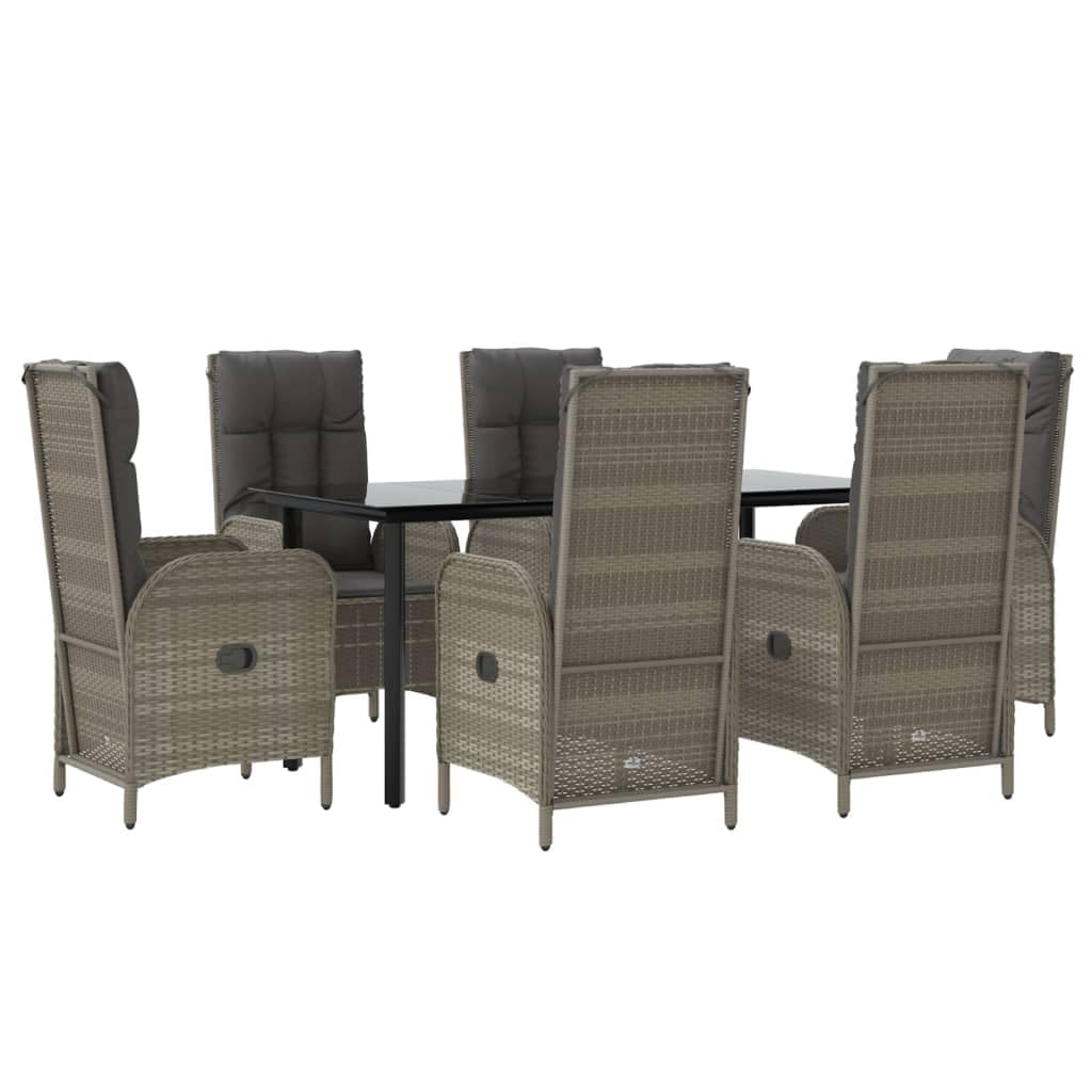 vidaXL Black and Gray Poly Rattan Patio Dining Set with Tempered Glass Table - 7 Piece, Reclining Chairs, Weather-Resistant for 