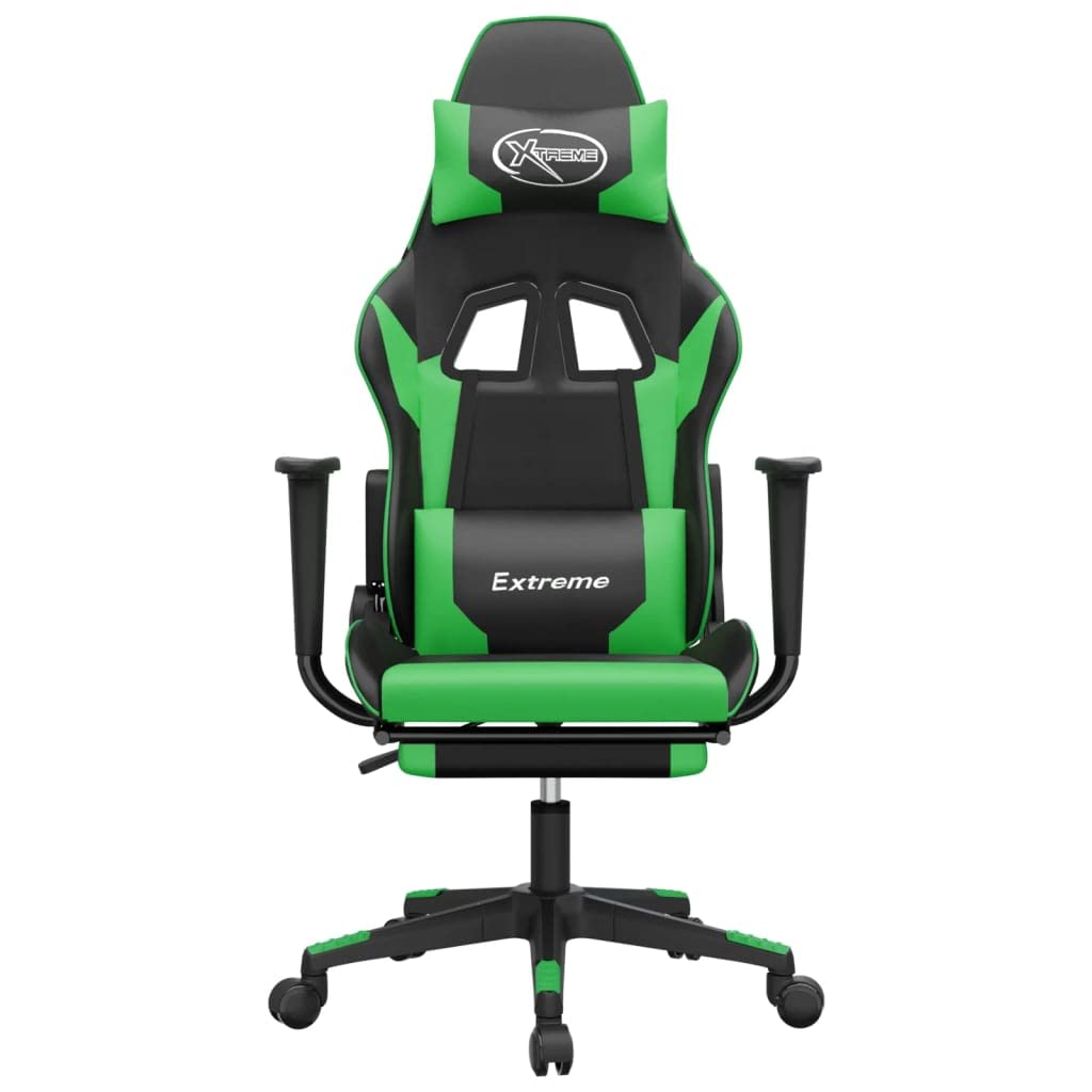 vidaXL Adjustable Reclining Gaming Chair with Footrest, Comfortable Seating, 360 Degree Swivel, Faux Leather, Black and Green, Ideal for Gamers