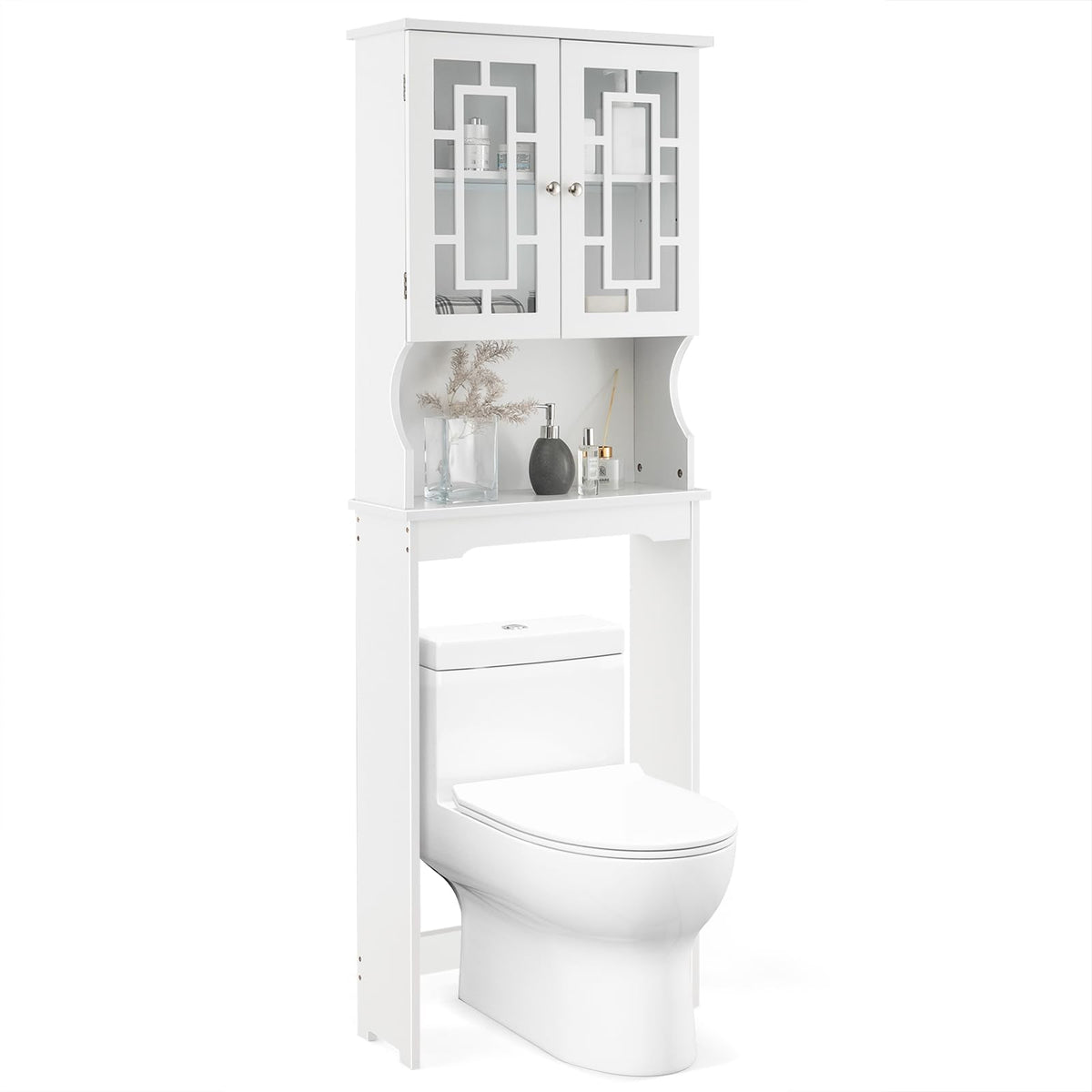 Giantex Over-The-Toilet Storage Cabinet, 3-Tier Freestanding Bathroom Rack With Glass-Door Cabinet & 3-Position Adjustable Shelf, Space-Saving Storage Organizer For Bathroom, Washroom, Laundry Room
