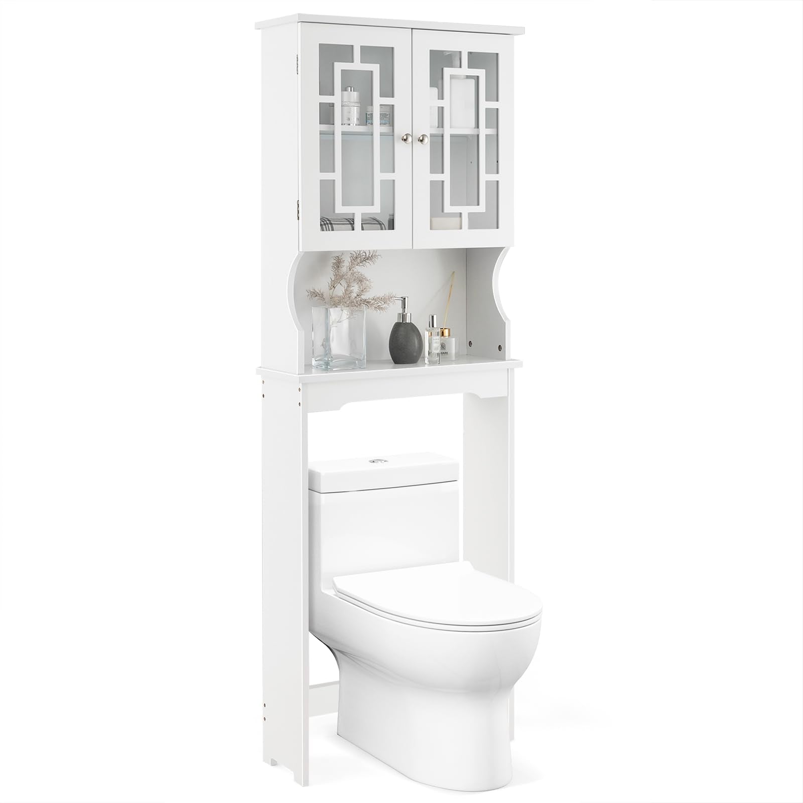Giantex Over-The-Toilet Storage Cabinet, 3-Tier Freestanding Bathroom Rack With Glass-Door Cabinet & 3-Position Adjustable Shelf, Space-Saving Storage Organizer For Bathroom, Washroom, Laundry Room