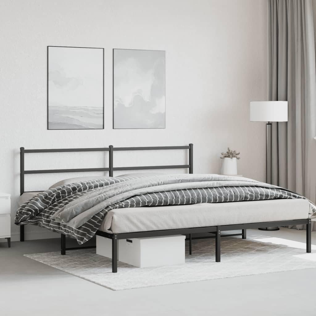 vidaXL Modern King Metal Bed Frame with Headboard - Bedroom Furniture, 76&quot;x79.9&quot; Mattress Fit, Storage Space, Black Finish