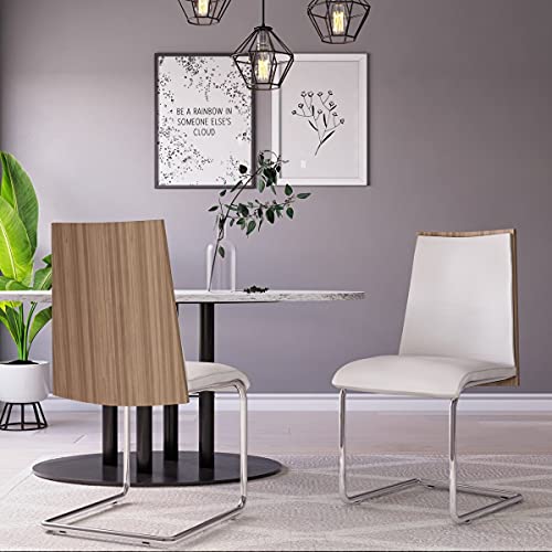 HomeRoots White, Walnut Leatherette, Steel, Veneer Set of 2 Modern White Faux Leather and Walnut Finish Dining Chairs