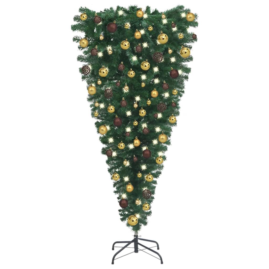 vidaXL Upside-Down Artificial Christmas Tree - Complete Set with LED Lights, Decorative Balls and Stand - Unique Green Christmas Decor for Indoor Use