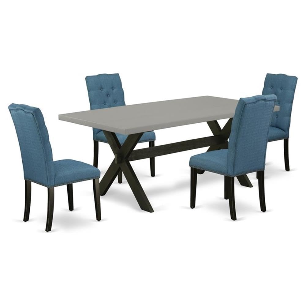 East West Furniture X697El121-5 5 Piece Dining Room Table Set Includes A Rectangle Kitchen Table With X-Legs And 4 Blue Linen Fabric Parson Dining Chairs, 40X72 Inch, Multi-Color