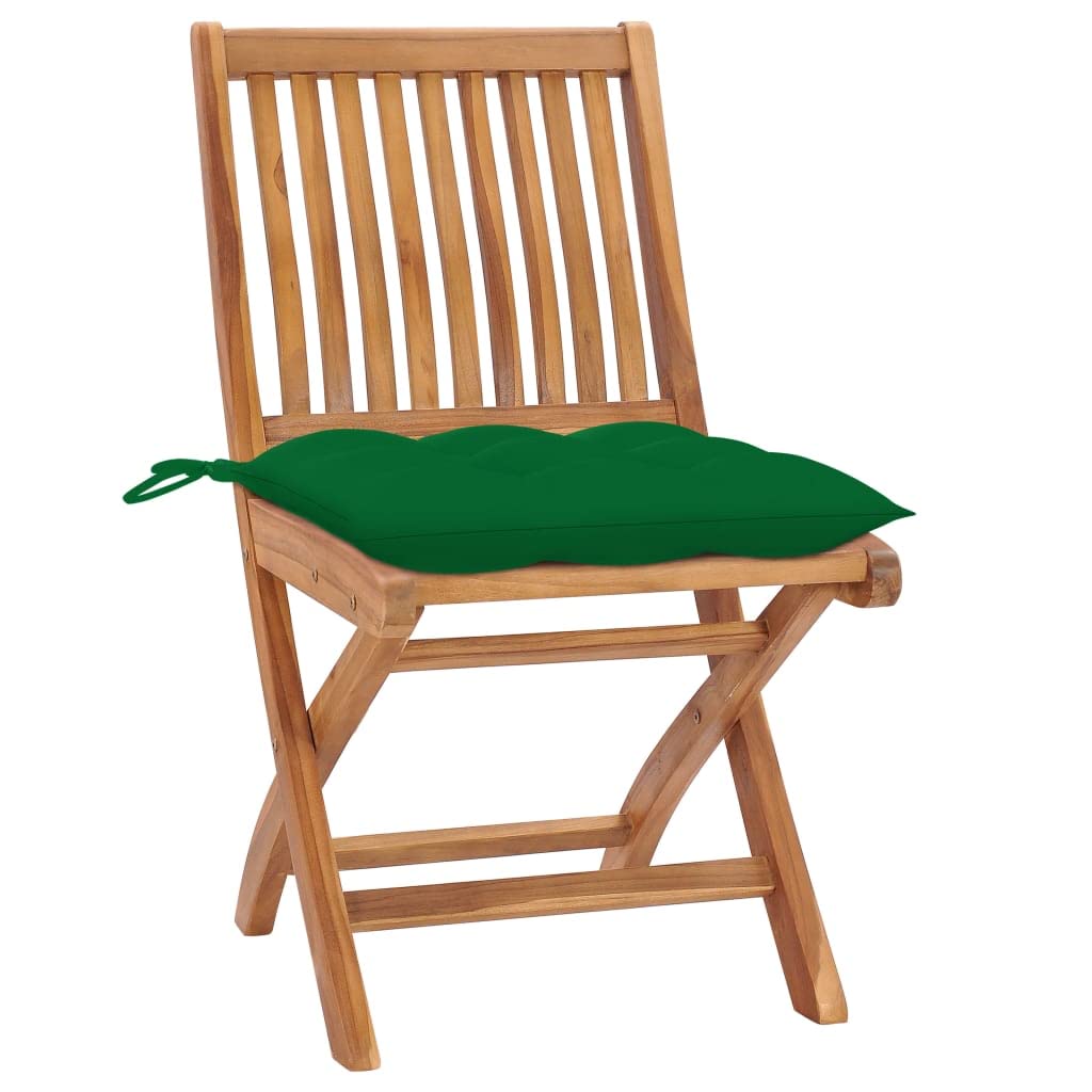 vidaXL Solid Teak Wood Patio Chairs with Green Cushions – Weather-Resistant Outdoor Furniture, Foldable for Easy Storage, Comes Fully Assembled, Set of 2