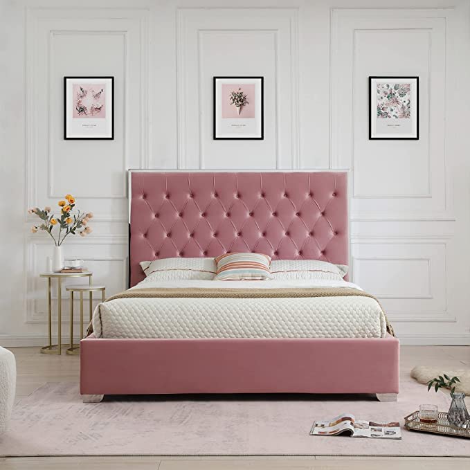 Woodpeckers Furniture And Mattress Sophia Velvet King Bed with Silver Metal Frame (Pink)