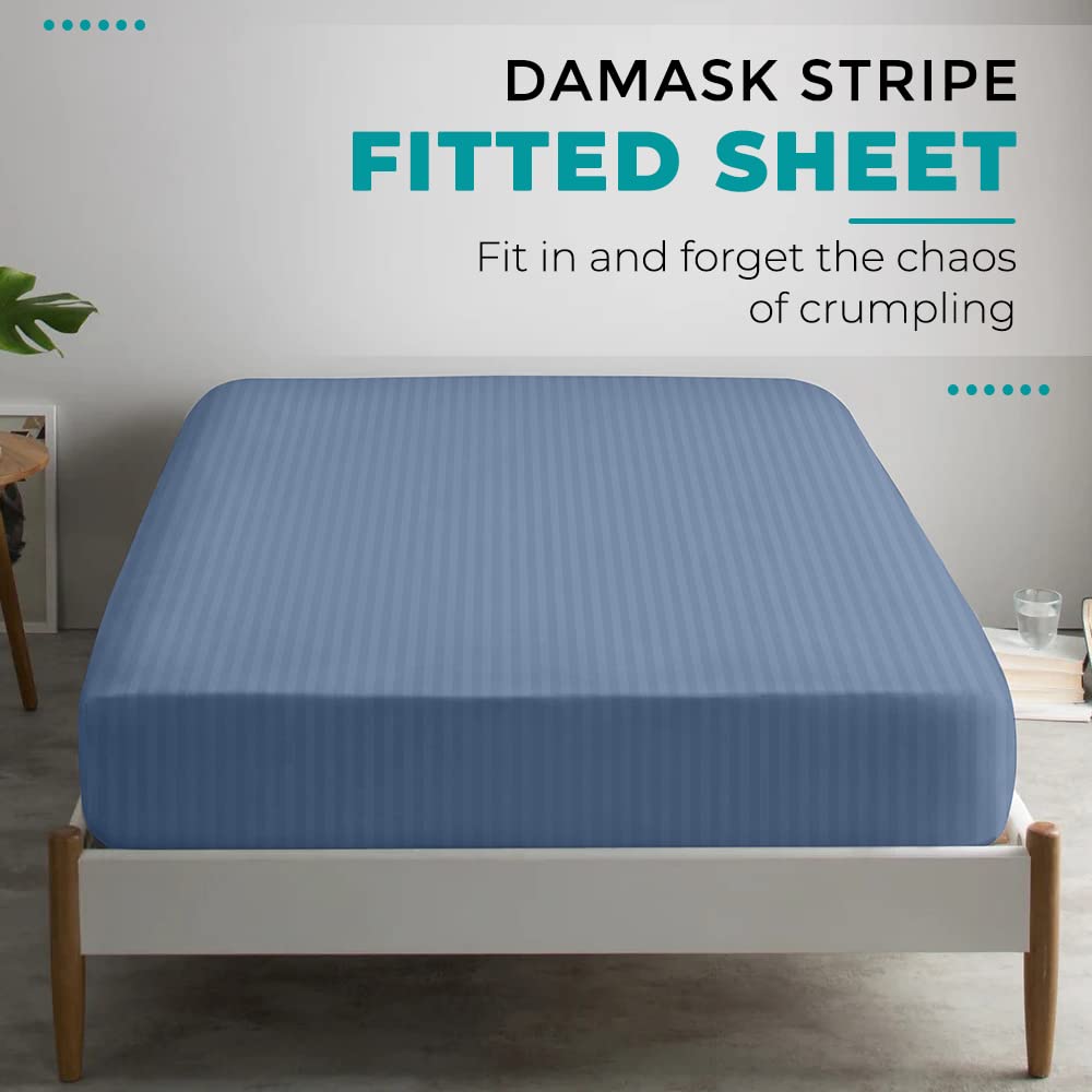 Feather & Stitch 100% Cotton 1 Piece Damask Stripe Full Fitted Sheet 500 Thread Count Blue 18 Inch Extra Deep Pocket Luxury Sateen Weave Stretchable Boxer Elastic Fits Mattress Perfectly
