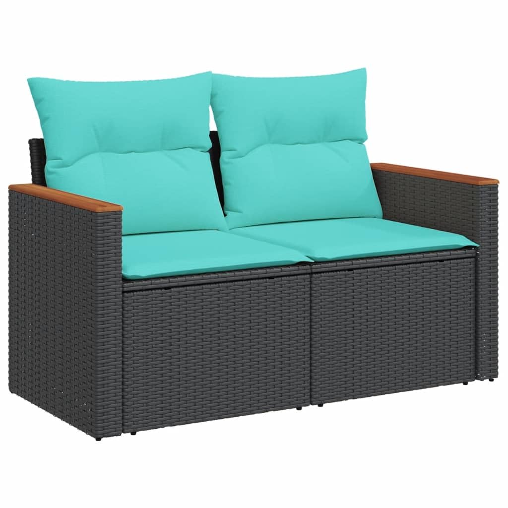 vidaXL Patio Sofa with Cushions - 2-Seater Outdoor Loveseat - Black Poly Rattan with Acacia Wood Armrest - Weather Resistant, Removable Covers, Blue Cushions - 48.8&quot;x24.4&quot;x27.2&quot;