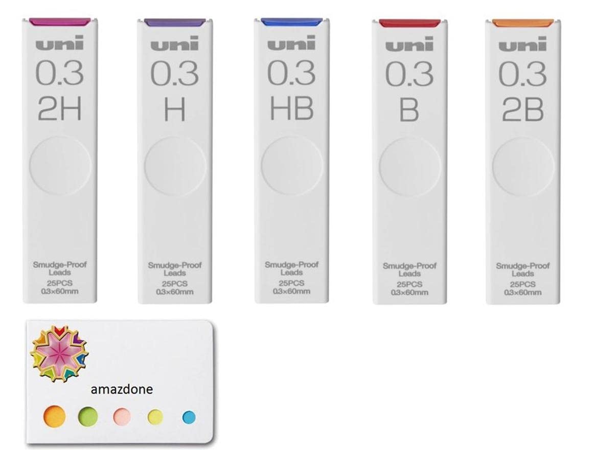 Uni Mechanical Pencil Lead,'The Uni' Smudge-Proof Leads 0.3Mm(Uls0325)/Hb,H,2H,B,2B - 5 Pack/Total 125 Leads, And Amazdone Sti