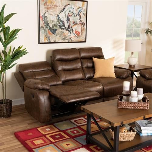 Baxton Studio Beasely Modern and Contemporary Distressed Brown Faux Leather Upholstered 3-Seater Reclining Sofa