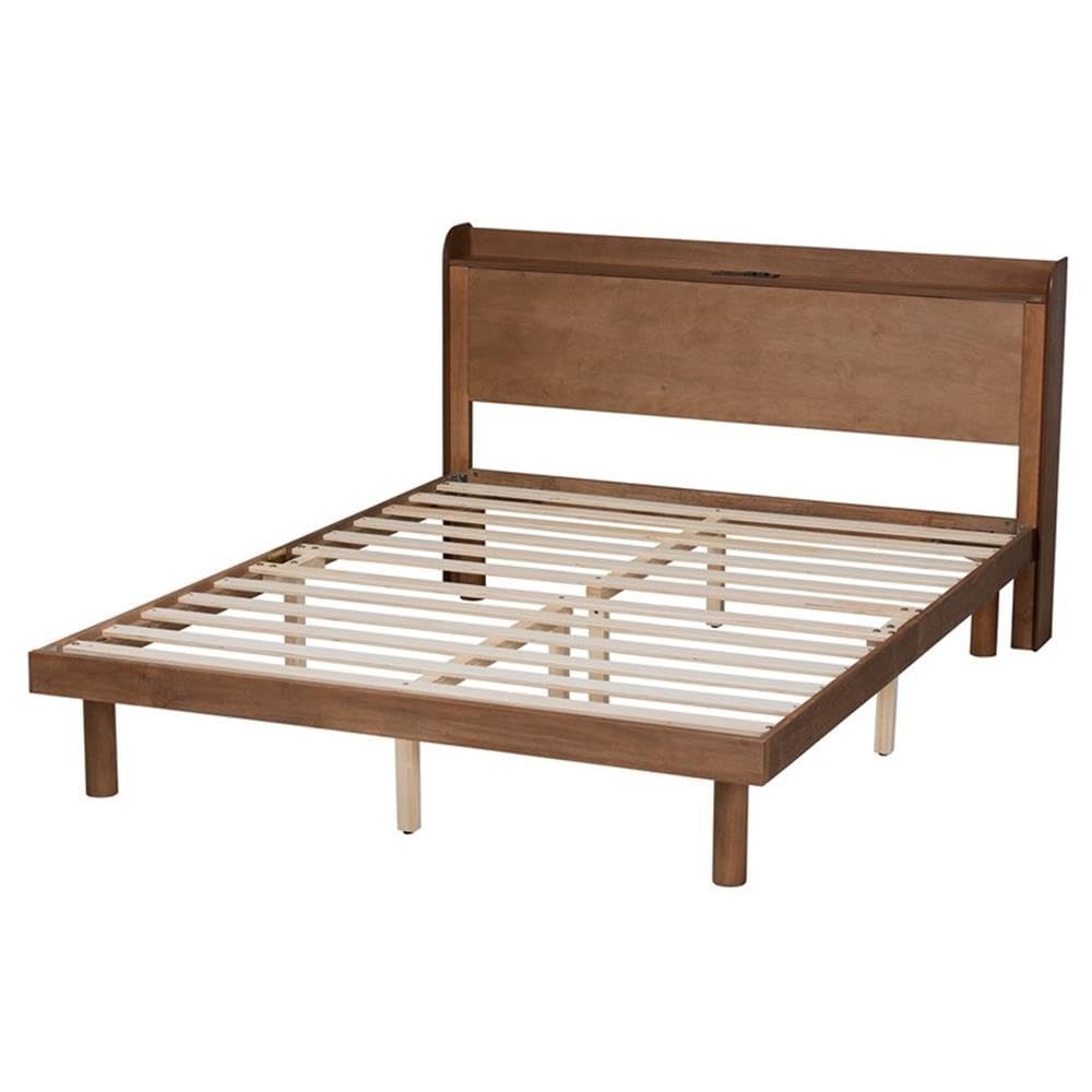 Baxton Studio Decker Mid-Century Modern Transitional Walnut Brown Finished Wood Full Size Platform Bed with Charging Station