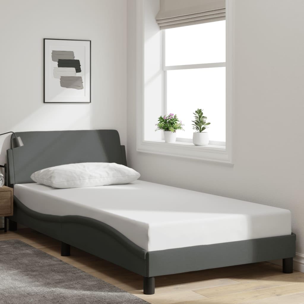 vidaXL Single Bed Frame with Headboard - Dark Gray Fabric, Plywood Slats, Metal & Pine Wood Construction, 39.4&quot;x74.8&quot;