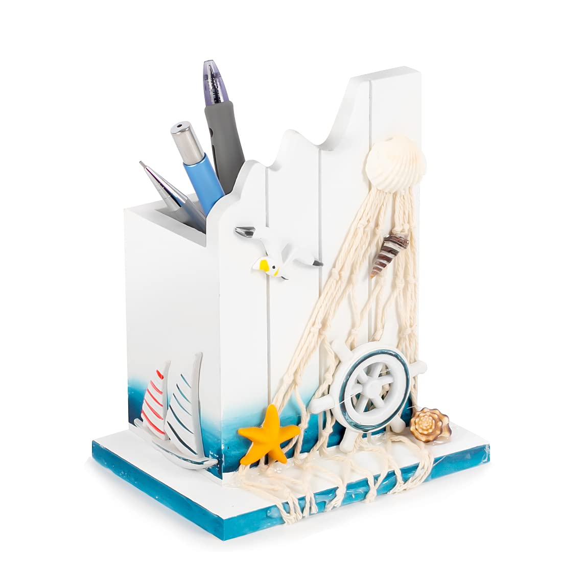 Pen Holder - Sailing Themed Pencil Organizers Wooden Desk Decor For Office 1 Pack Nautical Rudder Supplies Pen Container Mediter