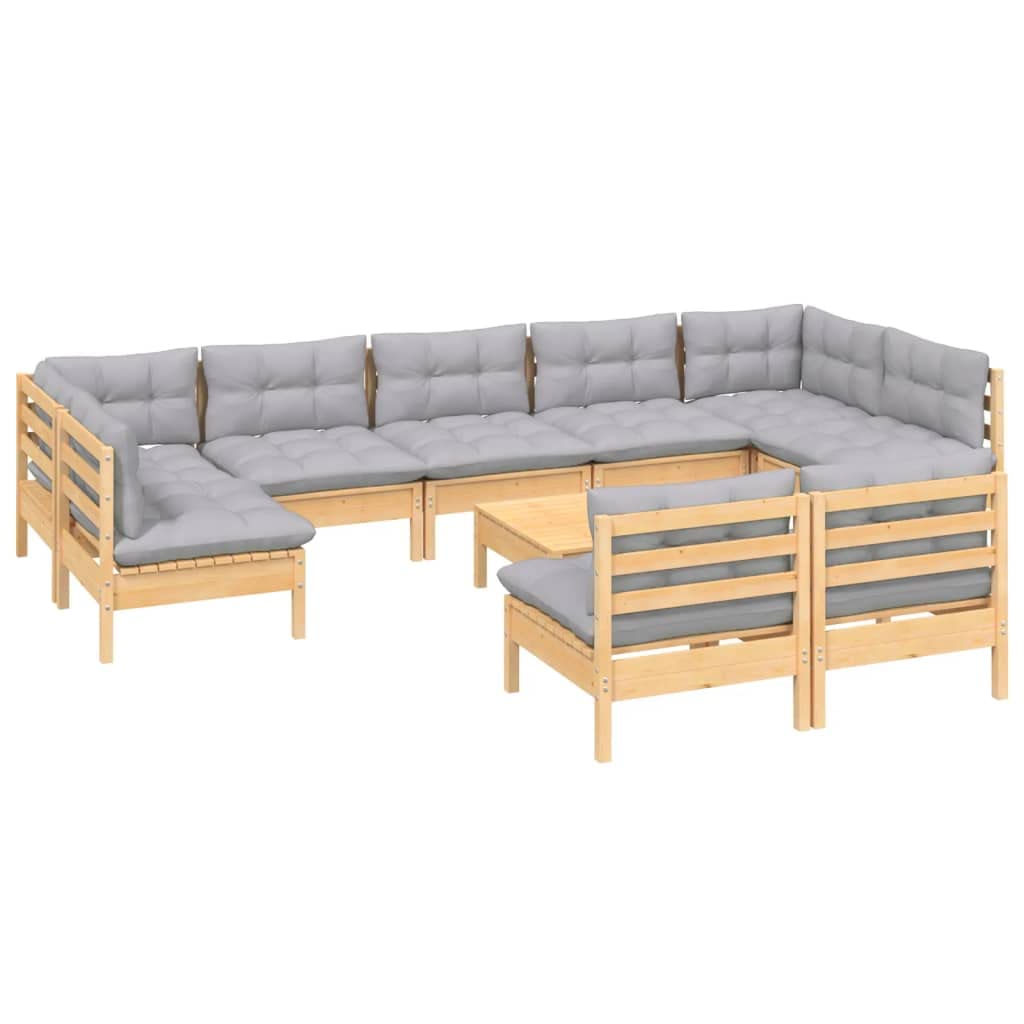 vidaXL Solid Pinewood Patio Lounge Set - 10 Piece Outdoor Garden Sofa with Gray Cushions - Modular Design for Custom Configurations