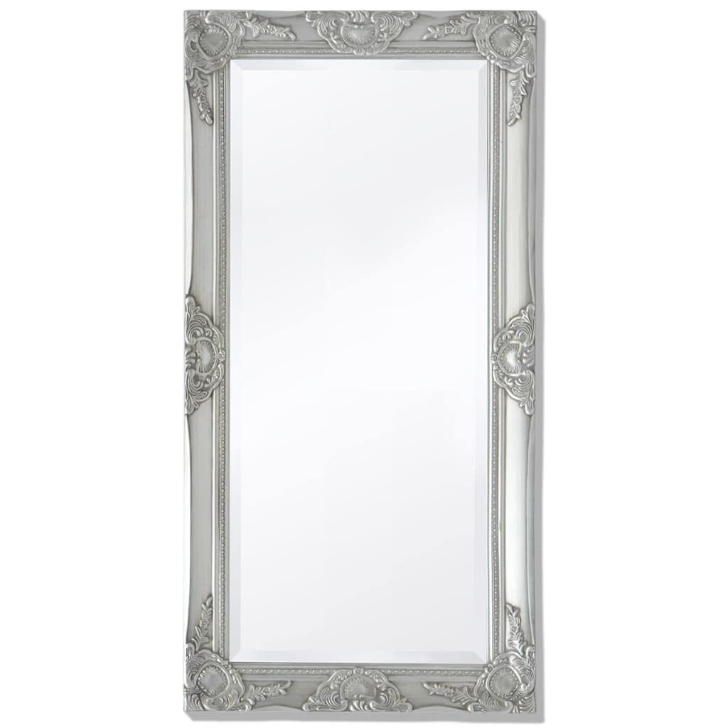 vidaXL Silver Wooden Wall Mirror-Baroque Style-Decorative Antique Design-39.4&quot;x19.7&quot;-Rectangular Wall-Mounted Fixed Mirror-4 Mounting Hooks