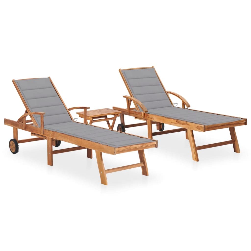 vidaXL 2X Solid Teak Wood Sun Loungers with Table and Cushion Outdoor Sunlounger Sets Sun Loungers with Tables Wooden Chaise Longue Sets