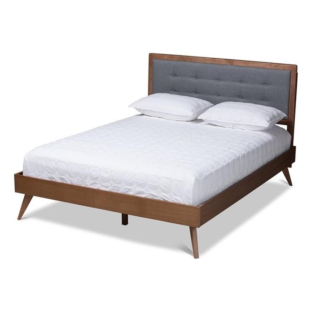 Baxton Studio INES Mid-Century Modern Dark Grey Fabric Upholstered Walnut Brown Finished Wood King Size Platform Bed