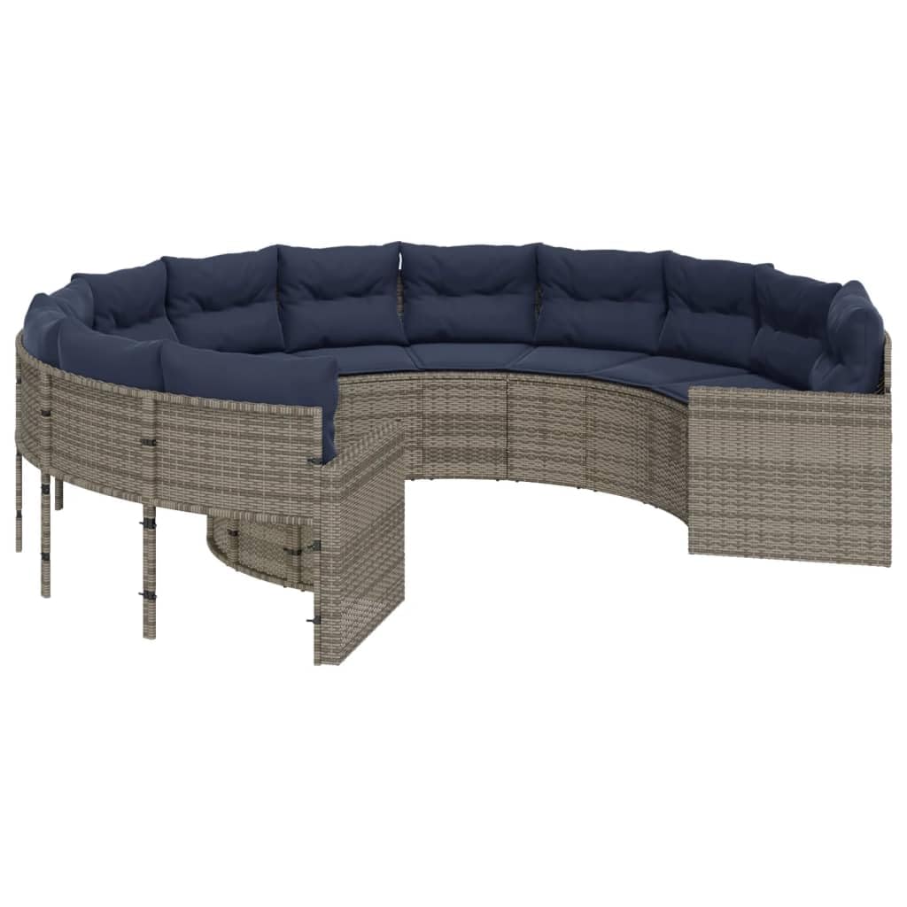 vidaXL Patio Sofa with Cushions Round PE Rattan - Outdoor Circle Couch, Gray, Navy Blue Cushions, Removable Covers, 113&quot; Diameter, UV-Resistant, Assembly Required