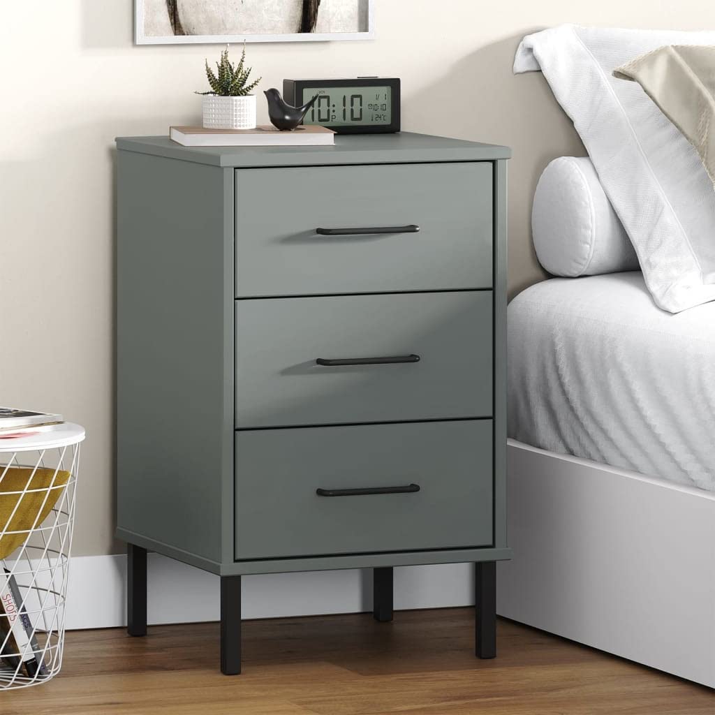 vidaXL Oslo Solid Pine Wood Bedside Cabinet with 3 Drawers and Metal Legs – Gray Finish | Sturdy and Durable Bedroom Furniture | Ample Storage Space