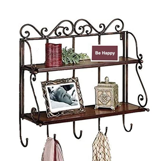 Craftcastle Big Beautiful Wooden Iron Wall Shelf Wall Bracket With 2 Shelves Foldable &.5 Hooks (50X38X14)Cm.
