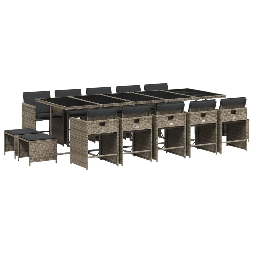 vidaXL 15-Piece Patio Dining Set - Gray Poly Rattan Garden Furniture with Cushions and Tempered Glass Table, Foldable Chairs, Space-Saving Cube Storage, Weather-Resistant, Outdoor Furniture