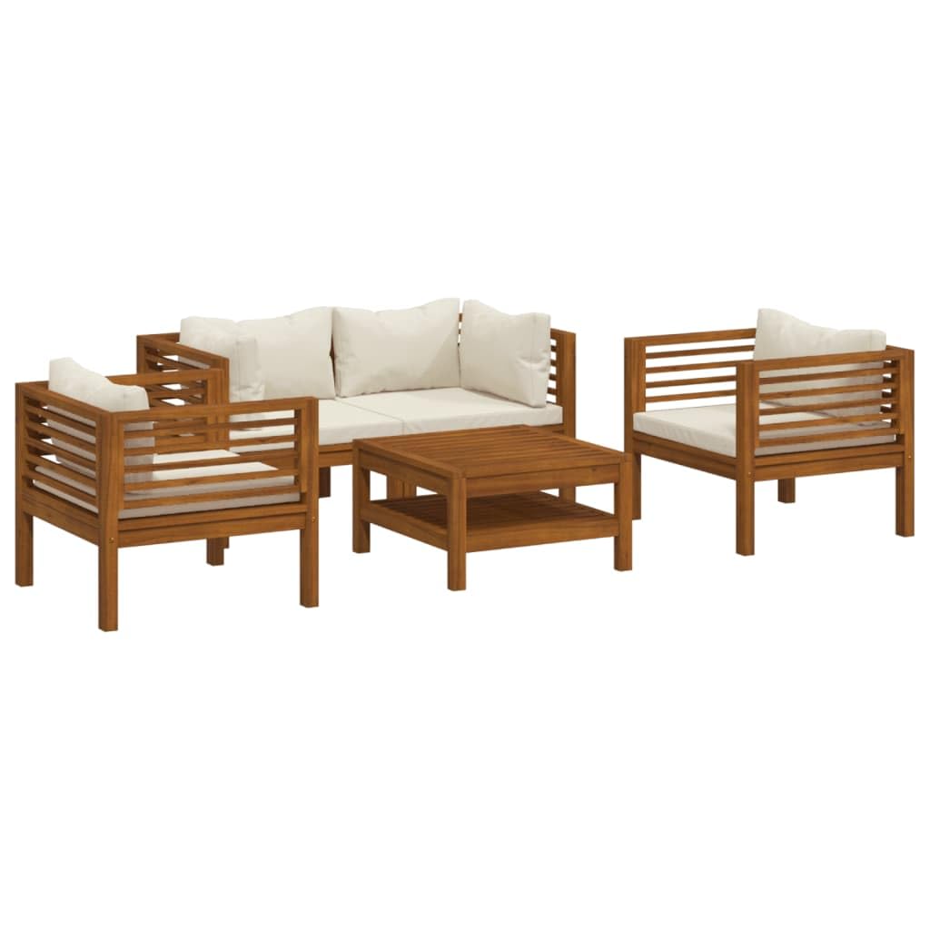 vidaXL Cream Cushion 5-Piece Outdoor Patio Lounge Set, Solid Acacia Wood Frame with Oil Finish, Includes Table, Armchair and Cor
