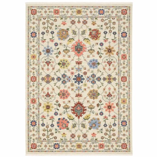 HomeRoots 509286 6 x 9 ft. Ivory Salmon Pink Gold Blues Gray Rust & Green Oriental Power Loom Stain Resistant Rectangle Area Rug with Fringe