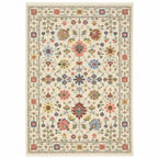 HomeRoots 509286 6 x 9 ft. Ivory Salmon Pink Gold Blues Gray Rust & Green Oriental Power Loom Stain Resistant Rectangle Area Rug with Fringe