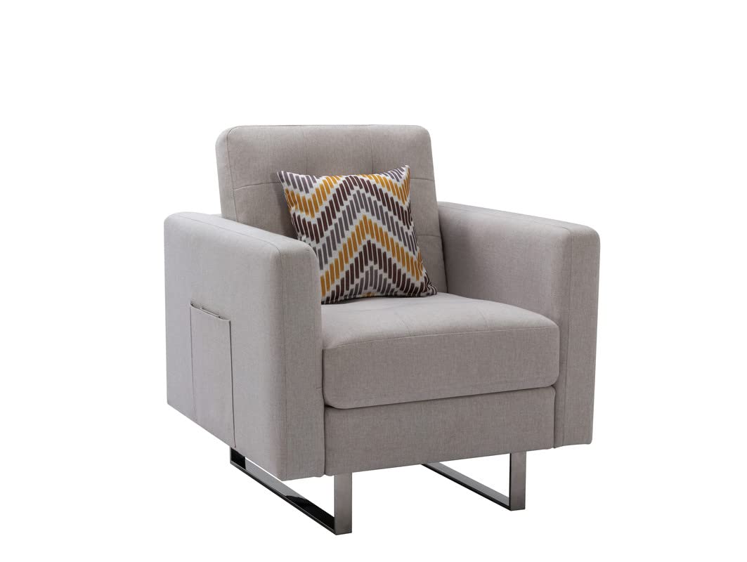 Lilola Home Victoria Beige Linen Fabric Armchair with Metal Legs, Side Pockets, and Pillow