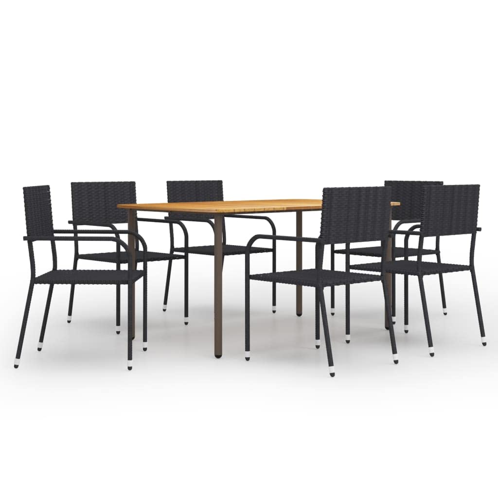 vidaXL 7-Piece Poly Rattan Patio Dining Set in Black | Solid Acacia Wood Table with Weather-Resistant Chairs | Easy Assembly and Maintenance | Ideal for Outdoor Entertaining and Dining