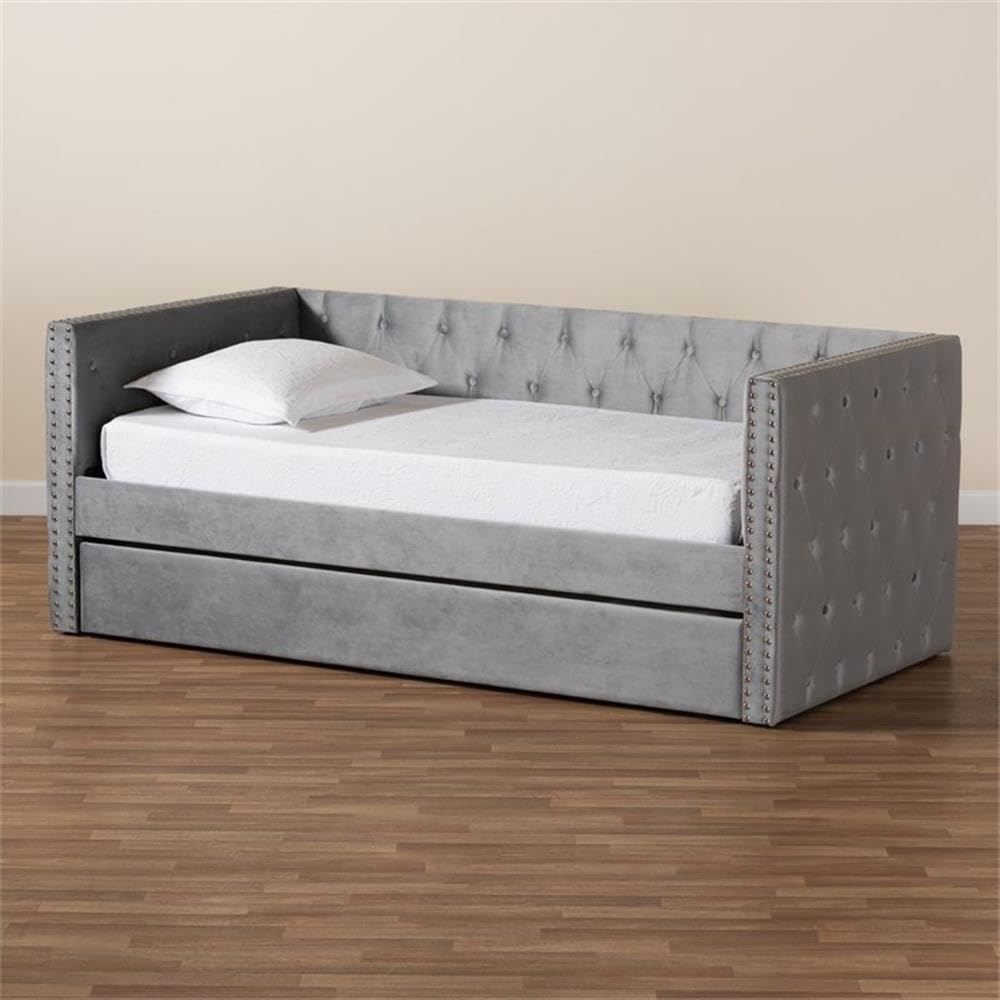 Baxton Studio Larkin Modern and Contemporary Grey Velvet Fabric Upholstered Twin Size Daybed with Trundle
