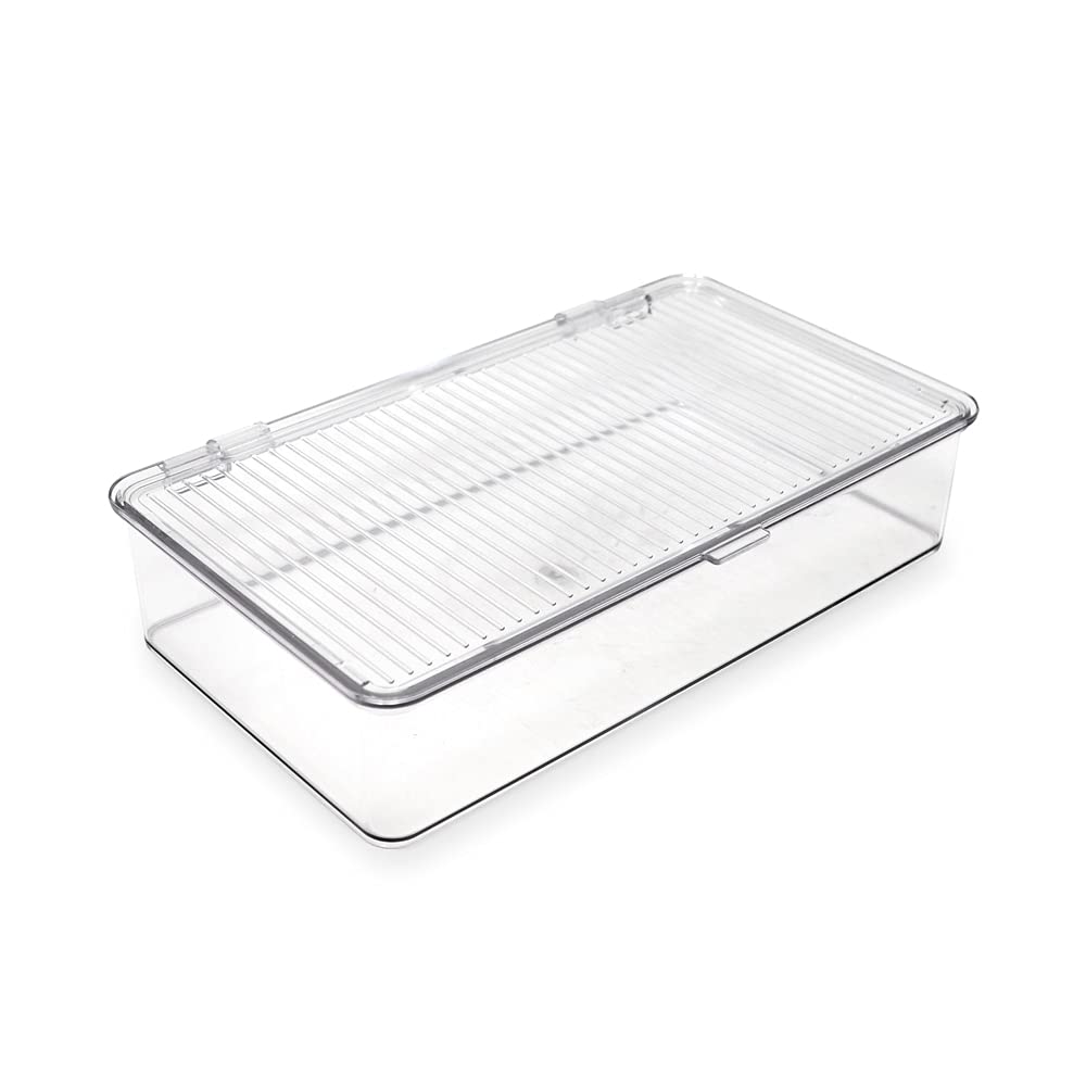Isaac Jacobs Small Stackable Organizer Bin (10.75    x 6.5    x 2.4   ) w Hinged Lid Clear Storage Box Home Office School Fridge