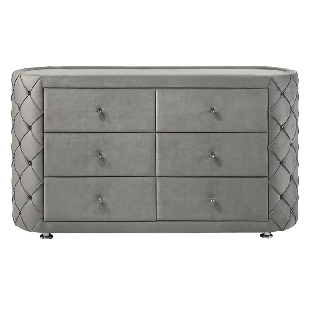 Acme Furniture 6 Drawers Upholstered Dresser with Button Tufting, Gray Velvet