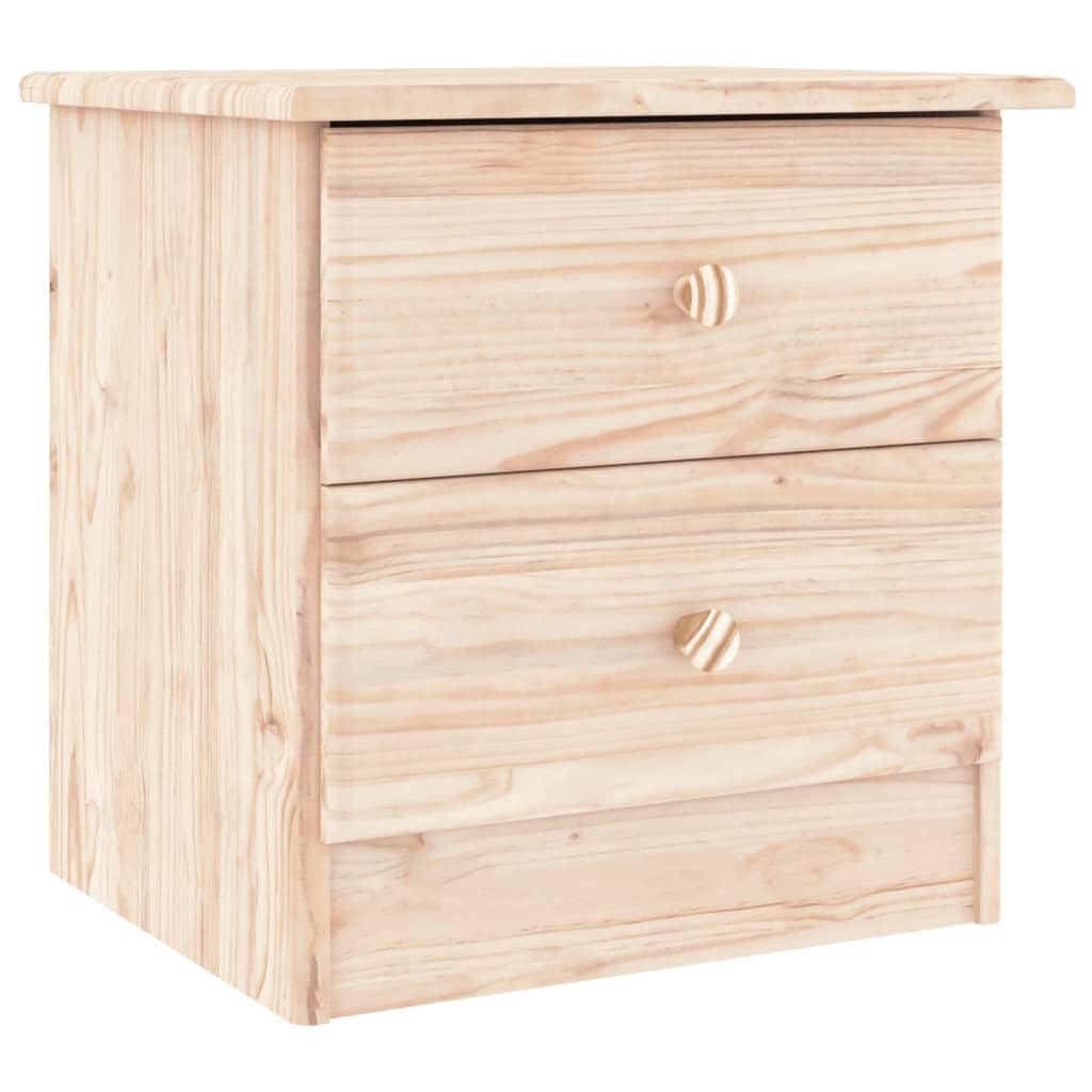 vidaXL Solid Pine Wood Bedside Cabinet ALTA| Smartly-Designed Rectangular Nightstand| Wooden Knobs & Untreated Surface, Ample Storage with 2 Drawers.