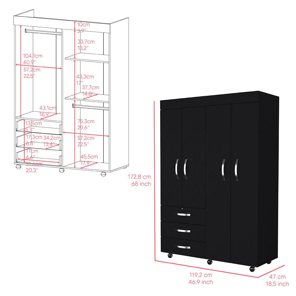 Mobile Armoire Velvet, Rods, Double Door Cabinet, Three Drawers - Black