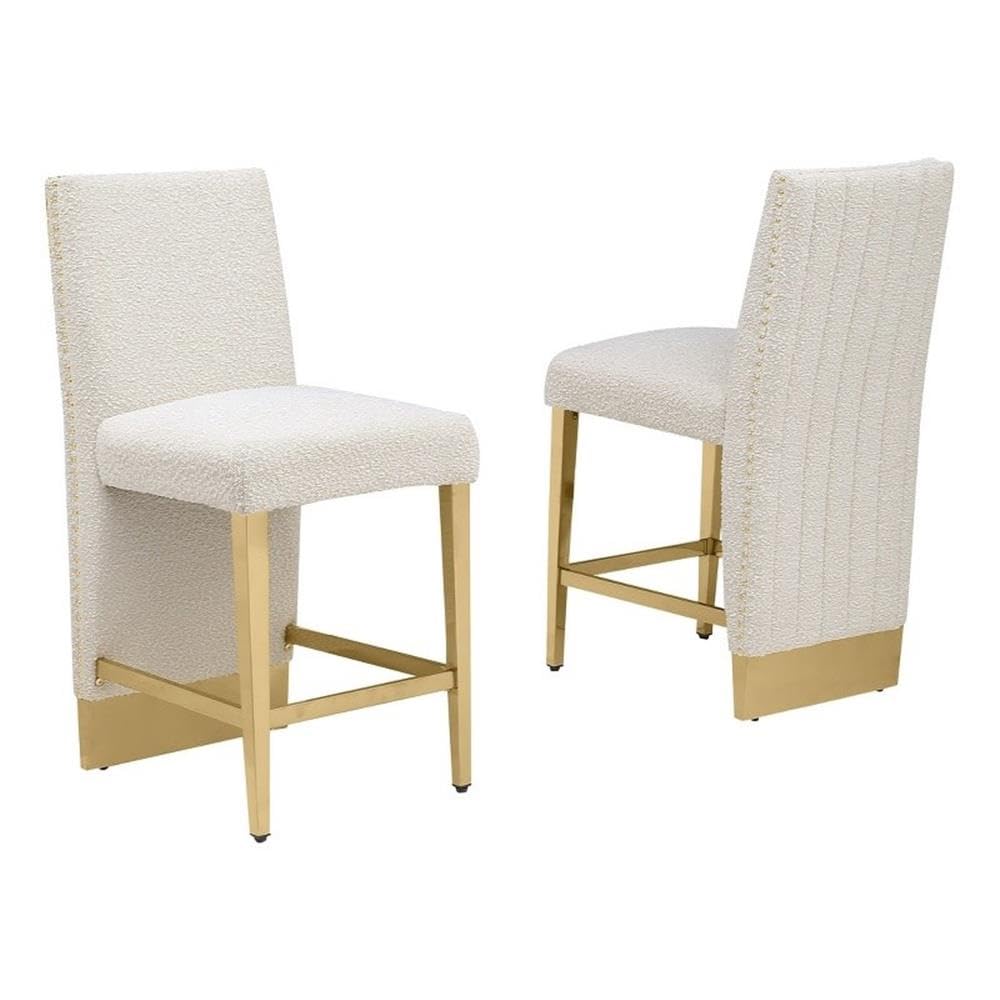 Best Quality Furniture Modern Upholstered Counter Height Stool Set Of 2 – Boucle Fabric In Cream – Matte Brushed Chrome Legs In Gold – Perfect For Dining Room Or Living Room