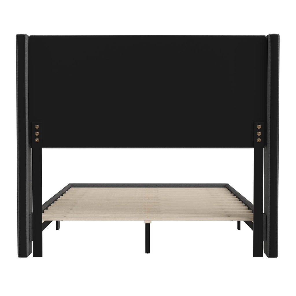 Flash Furniture Hollis Upholstered Platform Bed - Charcoal Faux Linen Wingback Headboard - Full - Mattress Foundation with Slatted Supports - No Box Spring Needed