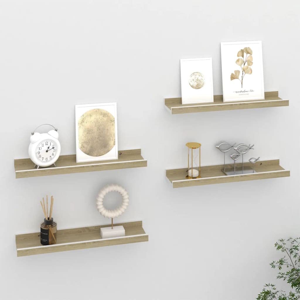vidaXL Wall Shelves, Floating Display Shelves 15.7&quot; - White and Sonoma Oak, MDF, Modern Design for Living Room, Bedroom, Office - 4 Pcs Set