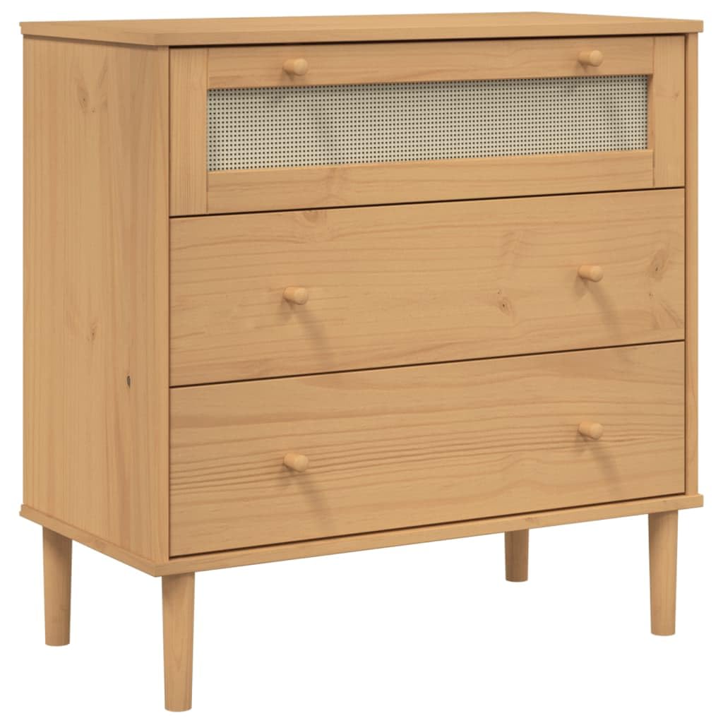 vidaXL - Stylish Drawer Cabinet SENJA, Brown Solid Pinewood with UV Varnish Finish, Fitted with Poly Rattan Drawer Fronts - 31.5&quot;x15.7&quot;x31.5&quot;