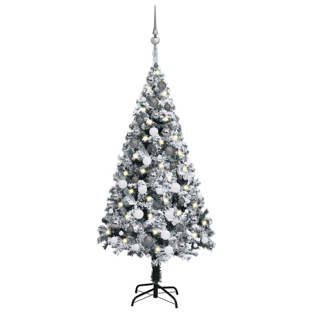 Vidaxl Flocked Artificial Christmas Tree With Leds And Ball Set, 47.2&quot; Height, Green Synthetic Tree With White And Gray Ornaments